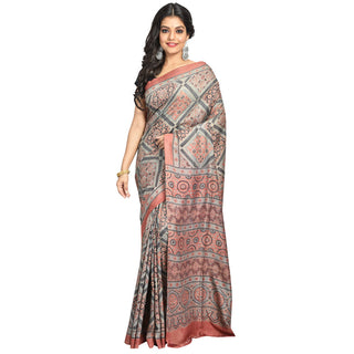 Ajrakh Printed Pink Mulberry Silk Saree