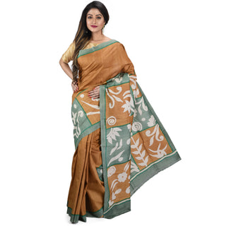 Tussar Yellow Block Printed Saree