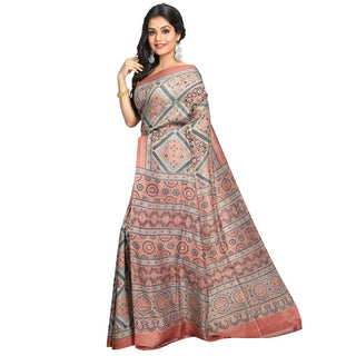 Ajrakh Printed Pink Mulberry Silk Saree