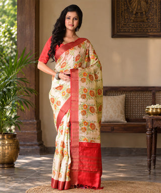 Resham Shilpi Exclusive Block Printed Mulberry Silk Saree With Zari Border – Luxury Handcrafted Tradition