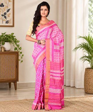 Resham Shilpi Exclusive Hand Block Printed Mulberry Silk Saree with Zari Border | Traditional Indian Silk Saree for Festive & Wedding Wear