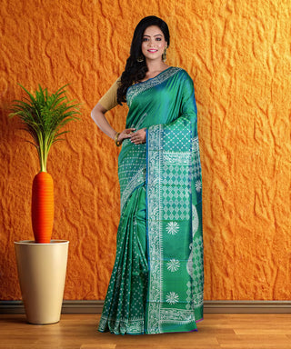 Resham Shilpi Elegant Metallic Green Silk Block Printed Saree