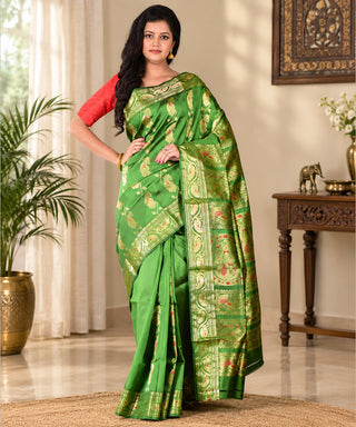 Resham Shilpi Exclusive Handwoven Baluchari Silk Saree – Traditional Bengal Weave with Intricate Mythological Motifs