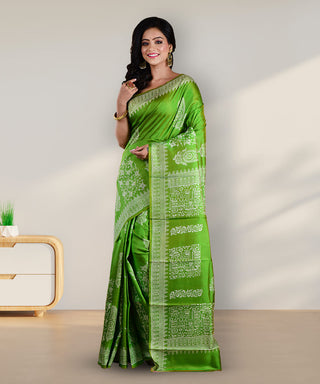 Resham Shilpi Olive Silk Block Printed Saree