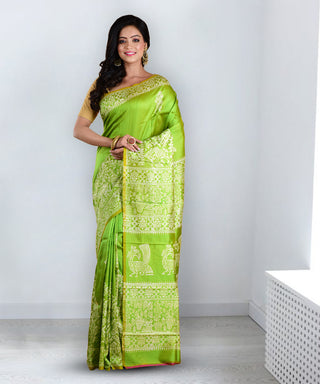 Resham Shilpi Elegant Lime Green Silk Block Printed Saree