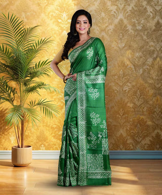 Resham Shilpi Elegant Leaf Green Silk Block Printed Saree