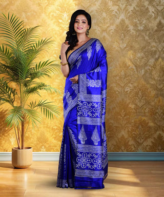 Resham Shilpi Elegant Navy Blue Silk Block Printed Saree