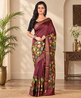 Resham Shilpi Exclusive Block Printed Mulberry Silk Saree  With Zari Border– Luxury Handcrafted Tradition