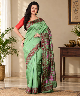 Resham Shilpi Exclusive Handwoven Baluchari Silk Saree – Traditional Bengal Weave with Intricate Mythological Motifs