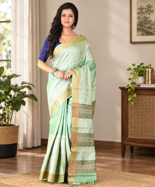 Resham Shilpi Exclusive Block Printed Tussar Saree with Zari Border