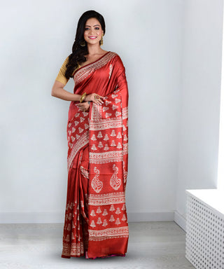 Resham Shilpi Rose Red Silk Block Printed Saree