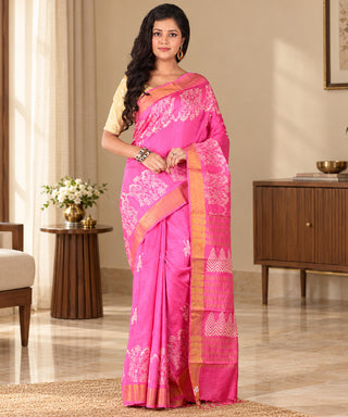 Resham Shilpi Exclusive Hand Block Printed Mulberry Silk Saree with Zari Border | Traditional Indian Silk Saree for Festive & Wedding Wear