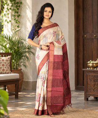 Resham Shilpi Exclusive Block Printed Tussar Saree with Zari Border