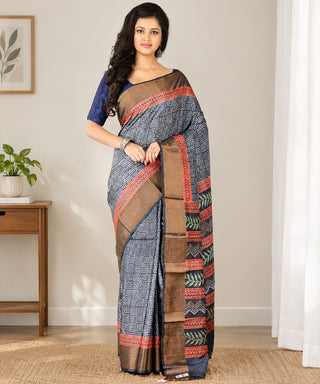 Resham Shilpi Exclusive Block Printed Tussar Saree with Zari Border