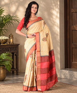 Resham Shilpi Exclusive Block Printed Tussar Saree with Zari Border