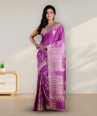 Resham Shilpi Elegant Polished Purple Silk Block Printed Saree