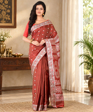 Resham Shilpi Exclusive Handwoven Baluchari Silk Saree – Traditional Bengal Weave with Intricate Mythological Motifs