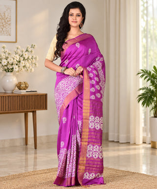 Resham Shilpi Exclusive Hand Block Printed Mulberry Silk Saree with Zari Border | Traditional Indian Silk Saree for Festive & Wedding Wear