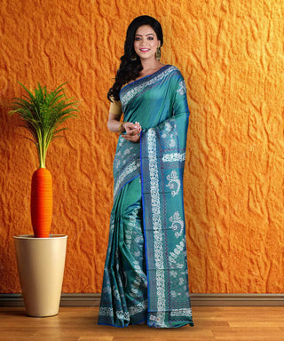 Resham Shilpi Elegant Teal Blue Silk Block Printed Saree