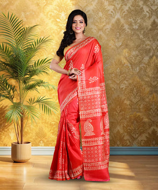 Resham Shilpi Elegant Silk Red Block Printed Saree