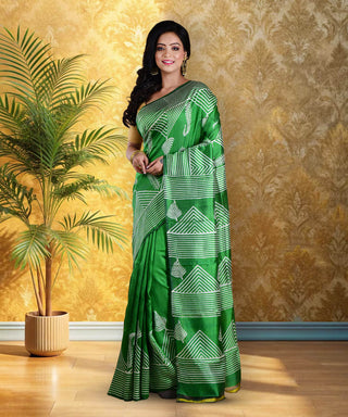 Resham Shilpi Elegant Russian Green Silk Block Printed Saree