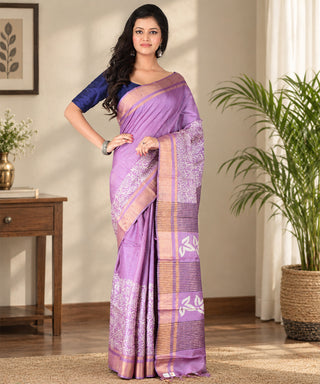 Resham Shilpi Exclusive Block Printed Tussar Saree with Zari Border