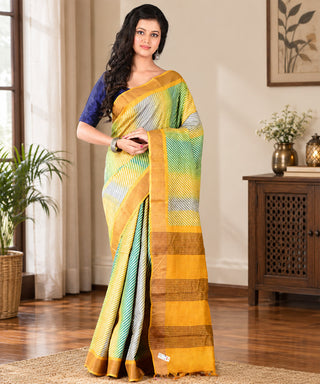 Resham Shilpi Exclusive Block Printed Tussar Saree with Zari Border