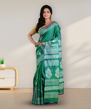 Resham Shilpi Elegant Jade Green Silk Block Printed Saree