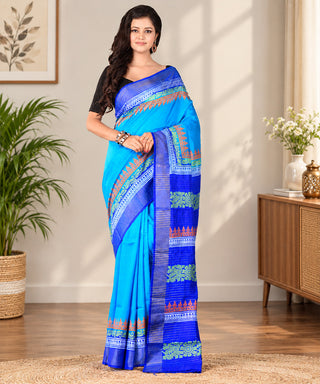 Resham Shilpi Exclusive Hand Block Printed Mulberry Silk Saree with Zari Border | Traditional Indian Silk Saree for Festive & Wedding Wear