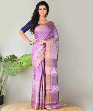 Resham Shilpi Exclusive Block Printed Tussar Saree with Zari Border