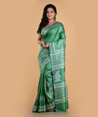 Resham Shilpi Elegant Deep Green Silk Block Printed Saree