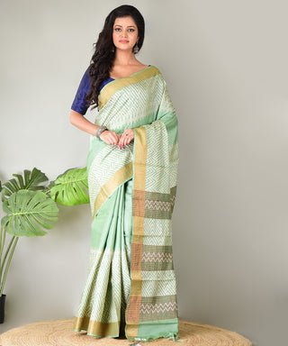 Resham Shilpi Exclusive Block Printed Tussar Saree with Zari Border