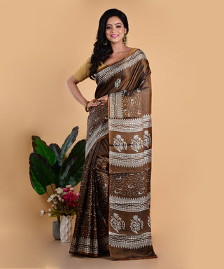 Resham Shilpi Elegant Brown Silk Block Printed Saree 