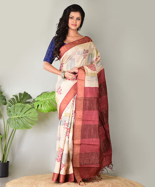Resham Shilpi Exclusive Block Printed Tussar Saree with Zari Border