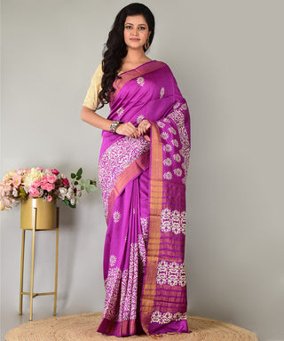 Resham Shilpi Exclusive Hand Block Printed Mulberry Silk Saree with Zari Border | Traditional Indian Silk Saree for Festive & Wedding Wear