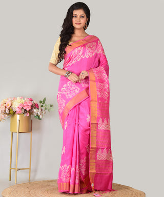 Resham Shilpi Exclusive Hand Block Printed Mulberry Silk Saree with Zari Border | Traditional Indian Silk Saree for Festive & Wedding Wear