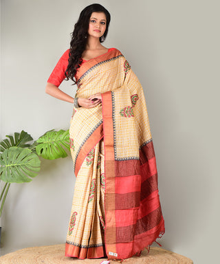 Resham Shilpi Exclusive Block Printed Tussar Saree with Zari Border