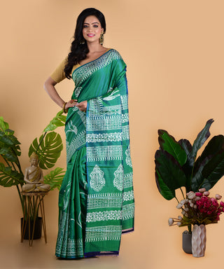 Resham Shilpi Elegant Jade Green Silk Block Printed Saree