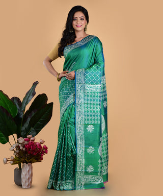 Resham Shilpi Elegant Metallic Green Silk Block Printed Saree