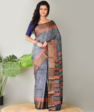 Resham Shilpi Exclusive Block Printed Tussar Saree with Zari Border
