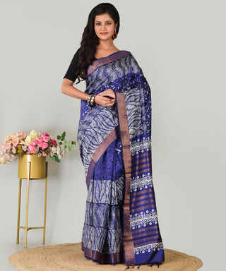 Resham Shilpi Exclusive Hand Block Printed Mulberry Silk Saree with Zari Border | Traditional Indian Silk Saree for Festive & Wedding Wear