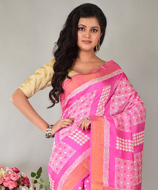Resham Shilpi Exclusive Hand Block Printed Mulberry Silk Saree with Zari Border | Traditional Indian Silk Saree for Festive & Wedding Wear