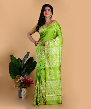 Resham Shilpi Elegant Lime Green Silk Block Printed Saree