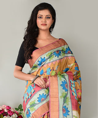 Resham Shilpi Exclusive Hand-Painted Tussar Silk Saree with Traditional Kalamkari Design