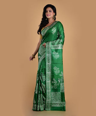 Resham Shilpi Elegant Leaf Green Silk Block Printed Saree