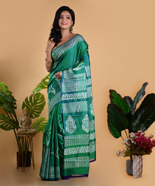 Resham Shilpi Elegant Jade Green Silk Block Printed Saree