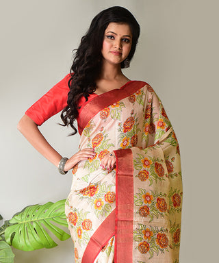 Resham Shilpi Exclusive Block Printed Mulberry Silk Saree With Zari Border – Luxury Handcrafted Tradition