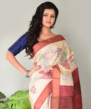 Resham Shilpi Exclusive Block Printed Tussar Saree with Zari Border