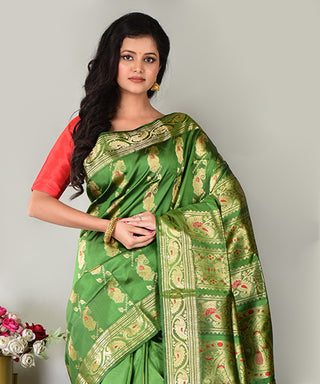 Resham Shilpi Exclusive Handwoven Baluchari Silk Saree – Traditional Bengal Weave with Intricate Mythological Motifs