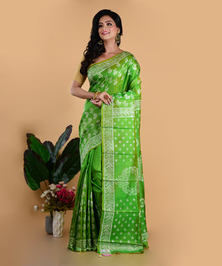 Resham Shilpi Elegant Pistachio Green Block Printed Silk Saree